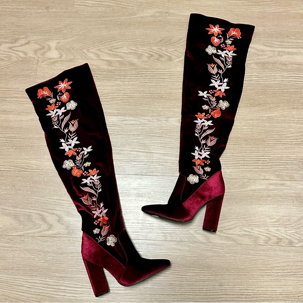 Nordstrom Burgundy Embroidered Over the Knee Boots
